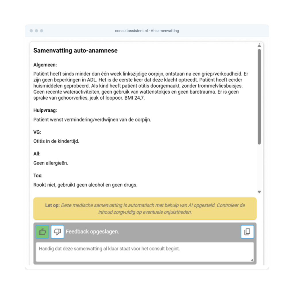 AI-samenvatting van digitale auto-anamnese van ConsultAssistent.